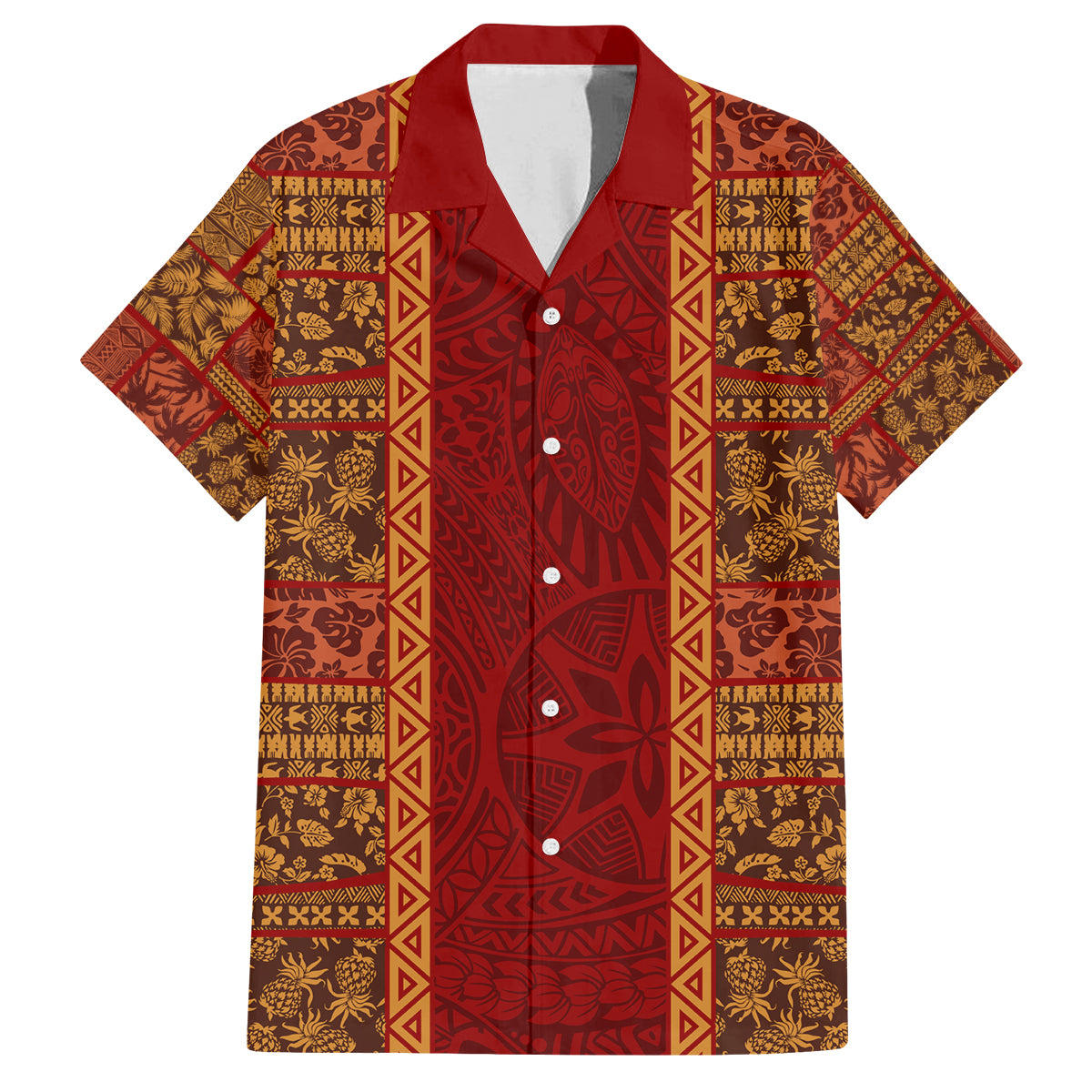 Hawaii Style Hibiscus and Tribal Element Fabric Patchwork Family Matching Tank Maxi Dress and Hawaiian Shirt LT03 Dad's Shirt - Short Sleeve Red - Polynesian Pride