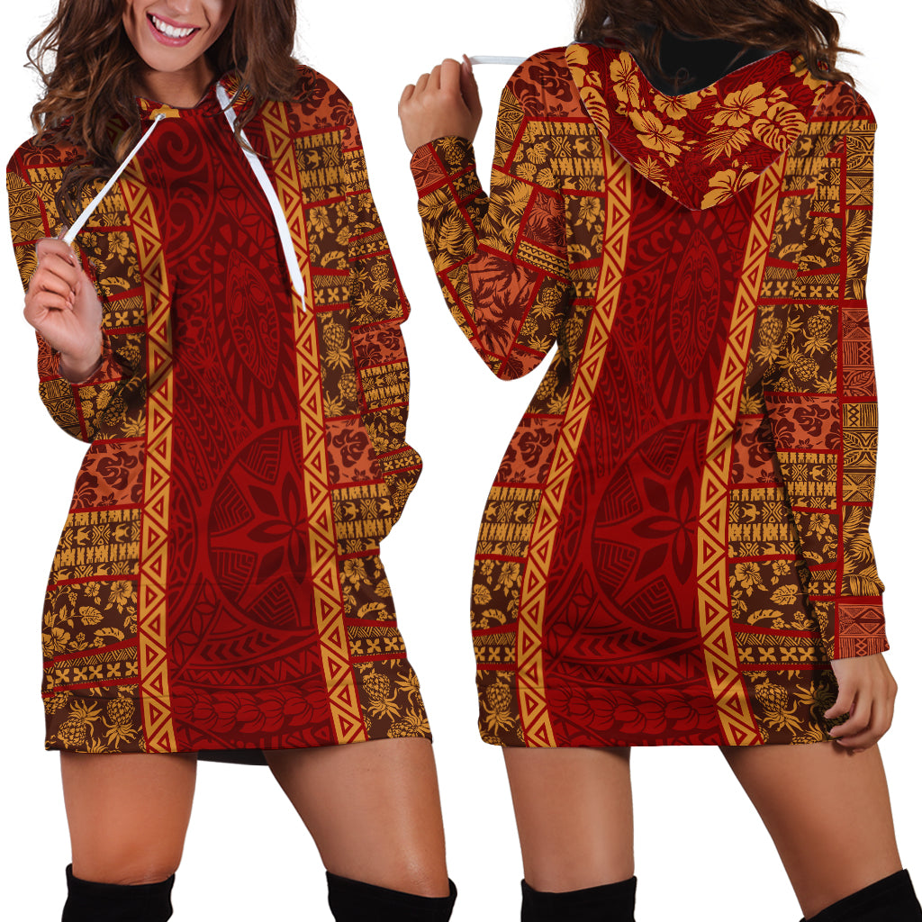 Hawaii Style Hibiscus and Tribal Element Fabric Patchwork Hoodie Dress LT03 - Polynesian Pride