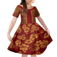 Hawaii Style Hibiscus and Tribal Element Fabric Patchwork Kid Short Sleeve Dress LT03 KID Red - Polynesian Pride