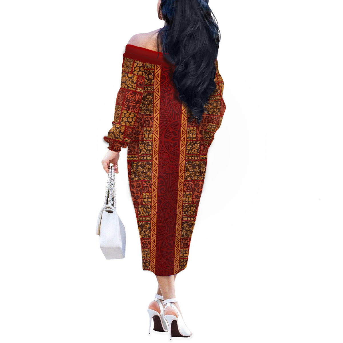 Hawaii Style Hibiscus and Tribal Element Fabric Patchwork Off The Shoulder Long Sleeve Dress LT03 - Polynesian Pride