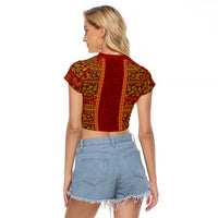 Hawaii Style Hibiscus and Tribal Element Fabric Patchwork Raglan Cropped T Shirt LT03 - Polynesian Pride