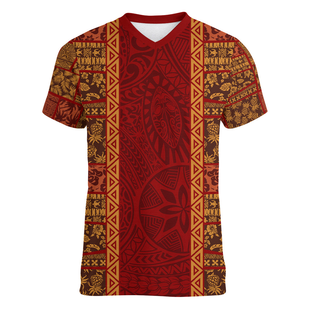 Hawaii Style Hibiscus and Tribal Element Fabric Patchwork Women V Neck T Shirt LT03 Female Red - Polynesian Pride