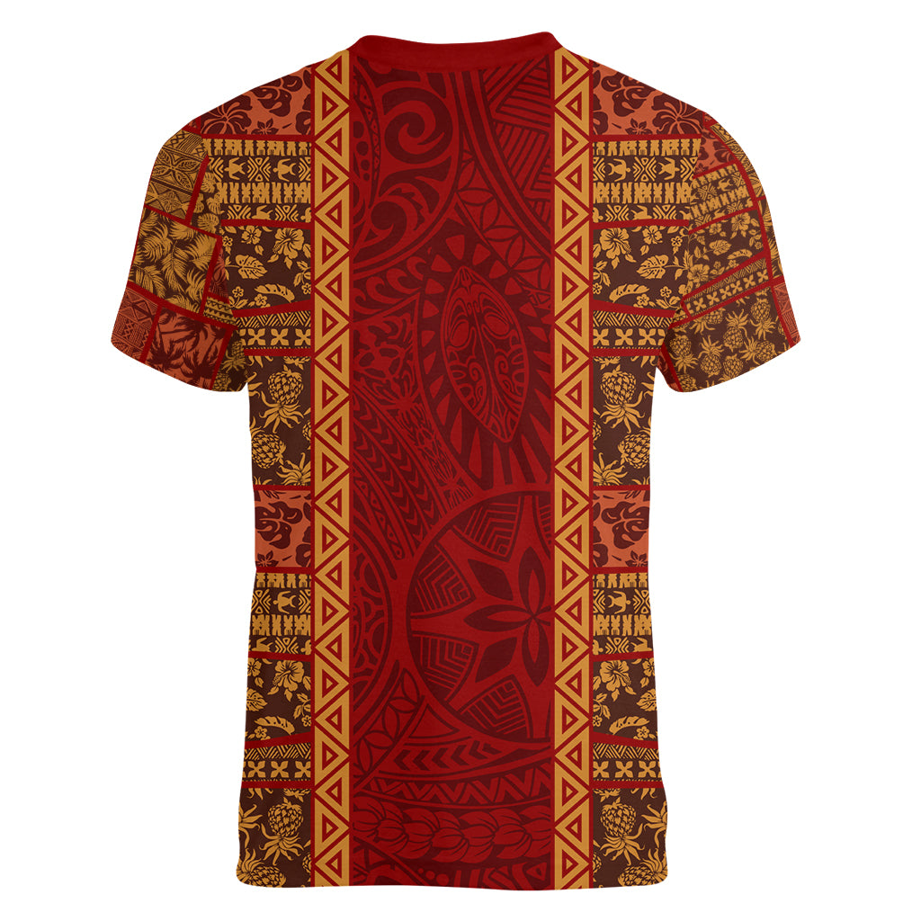 Hawaii Style Hibiscus and Tribal Element Fabric Patchwork Women V Neck T Shirt LT03 - Polynesian Pride