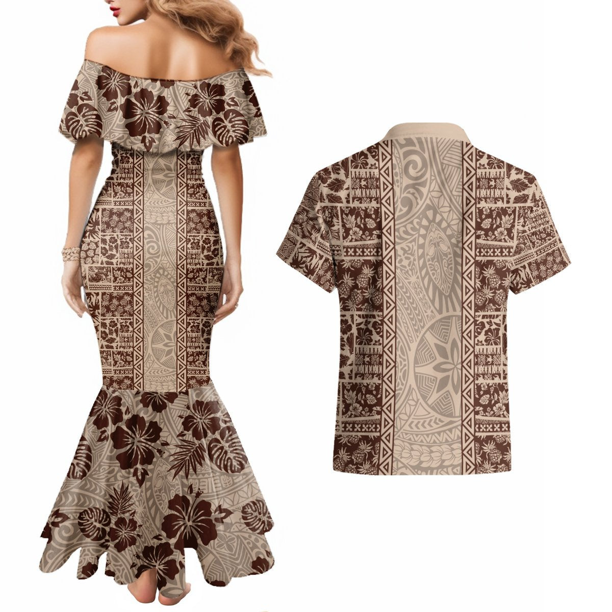 Hawaii Style Hibiscus and Tribal Element Fabric Patchwork Couples Matching Mermaid Dress and Hawaiian Shirt Beige Version LT03 - Polynesian Pride