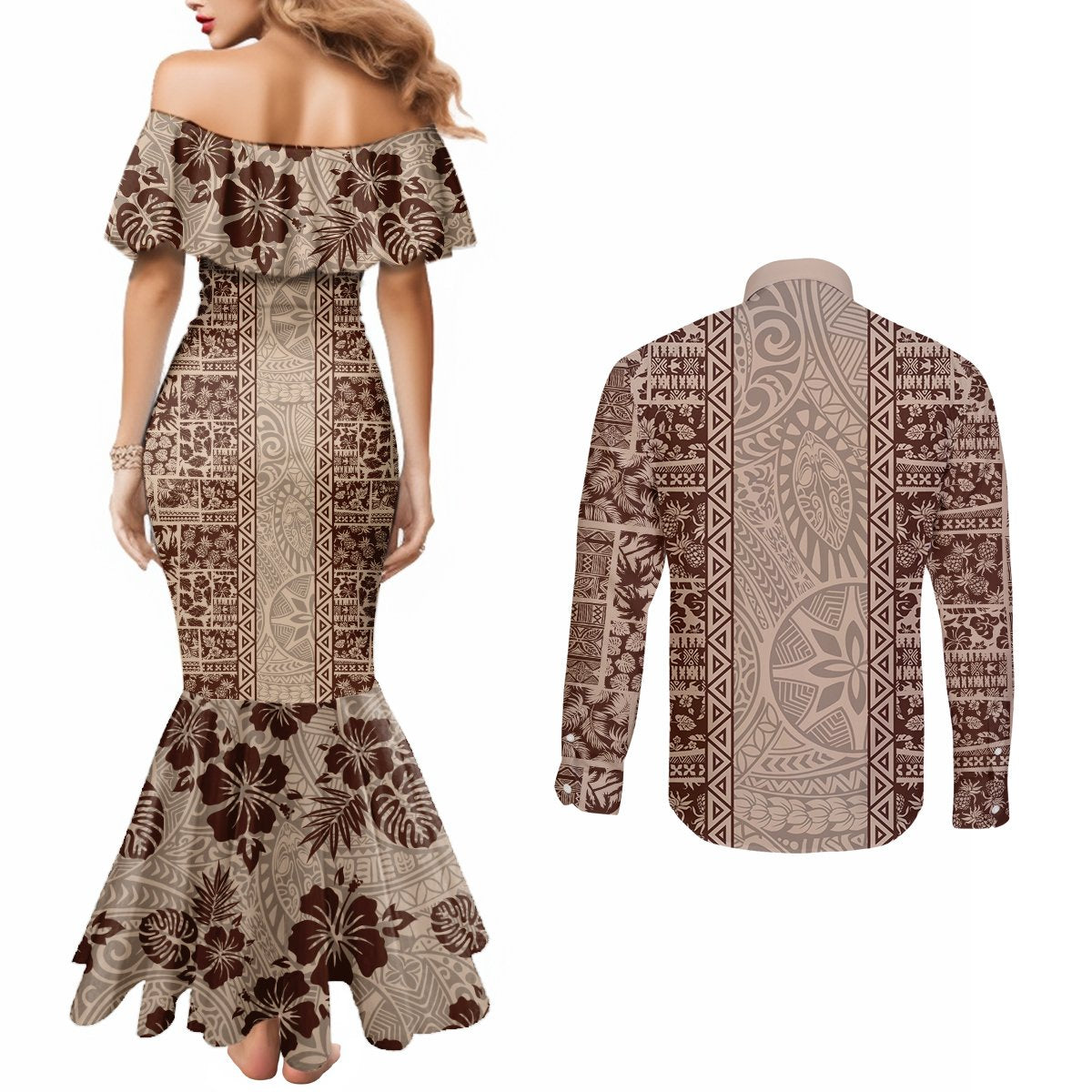 Hawaii Style Hibiscus and Tribal Element Fabric Patchwork Couples Matching Mermaid Dress and Long Sleeve Button Shirt Beige Version LT03 - Polynesian Pride