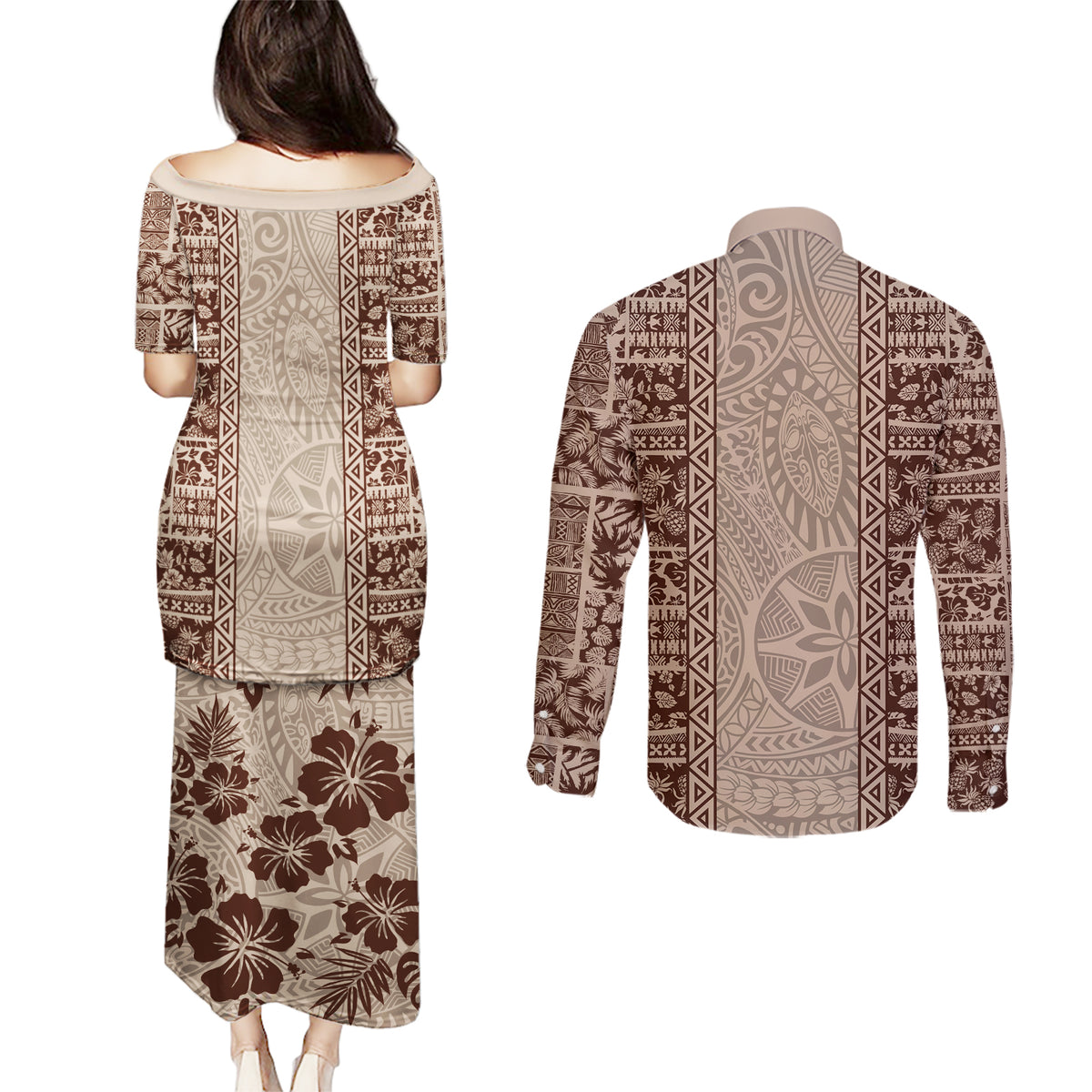 Hawaii Style Hibiscus and Tribal Element Fabric Patchwork Couples Matching Puletasi Dress and Long Sleeve Button Shirt Beige Version LT03 - Polynesian Pride