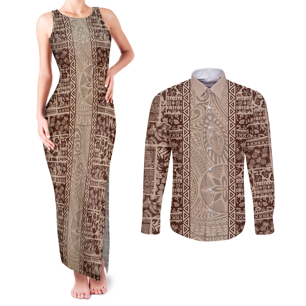 Hawaii Style Hibiscus and Tribal Element Fabric Patchwork Couples Matching Tank Maxi Dress and Long Sleeve Button Shirt Beige Version LT03 Beige - Polynesian Pride