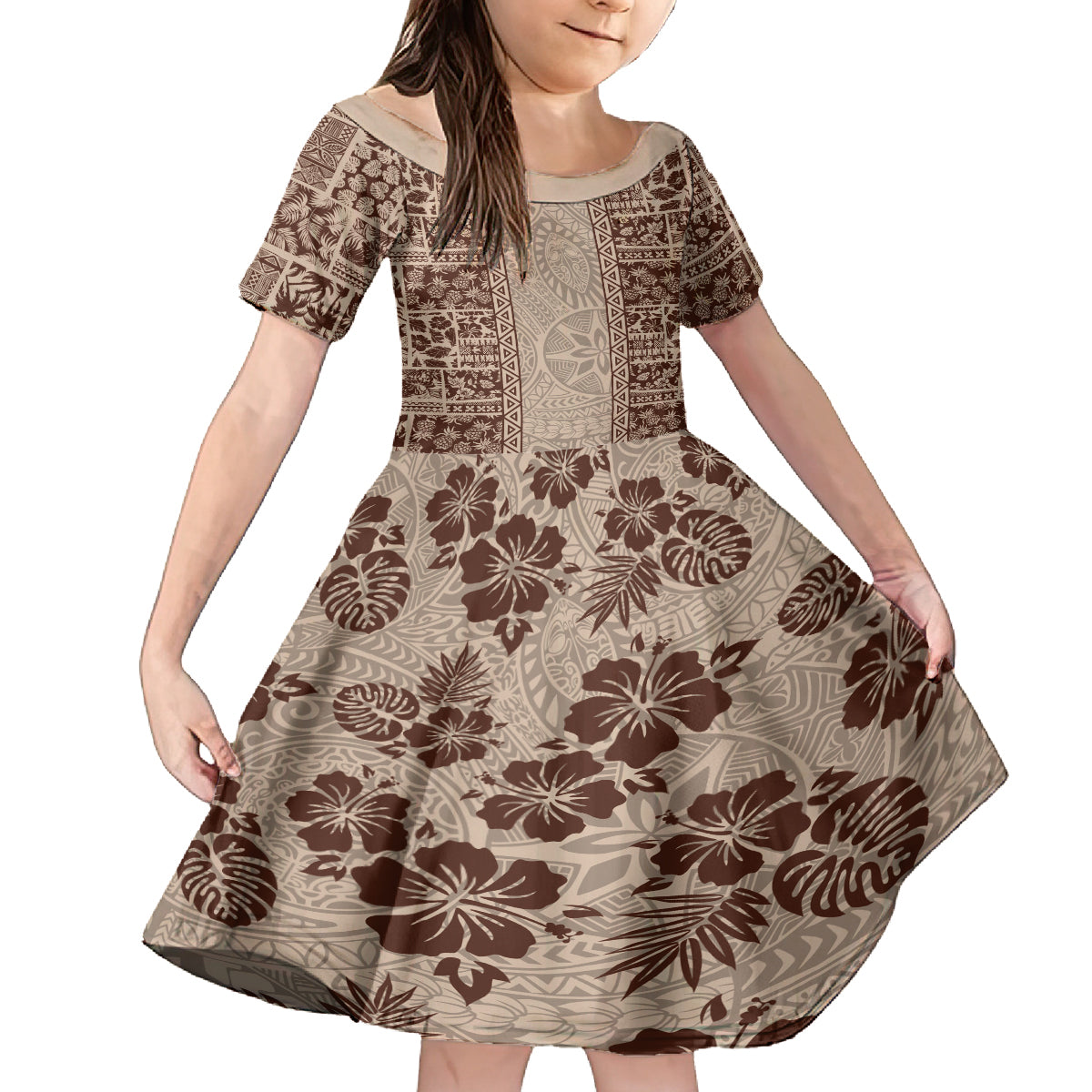 Hawaii Style Hibiscus and Tribal Element Fabric Patchwork Family Matching Off Shoulder Maxi Dress and Hawaiian Shirt Beige Version LT03 Daughter's Dress Beige - Polynesian Pride