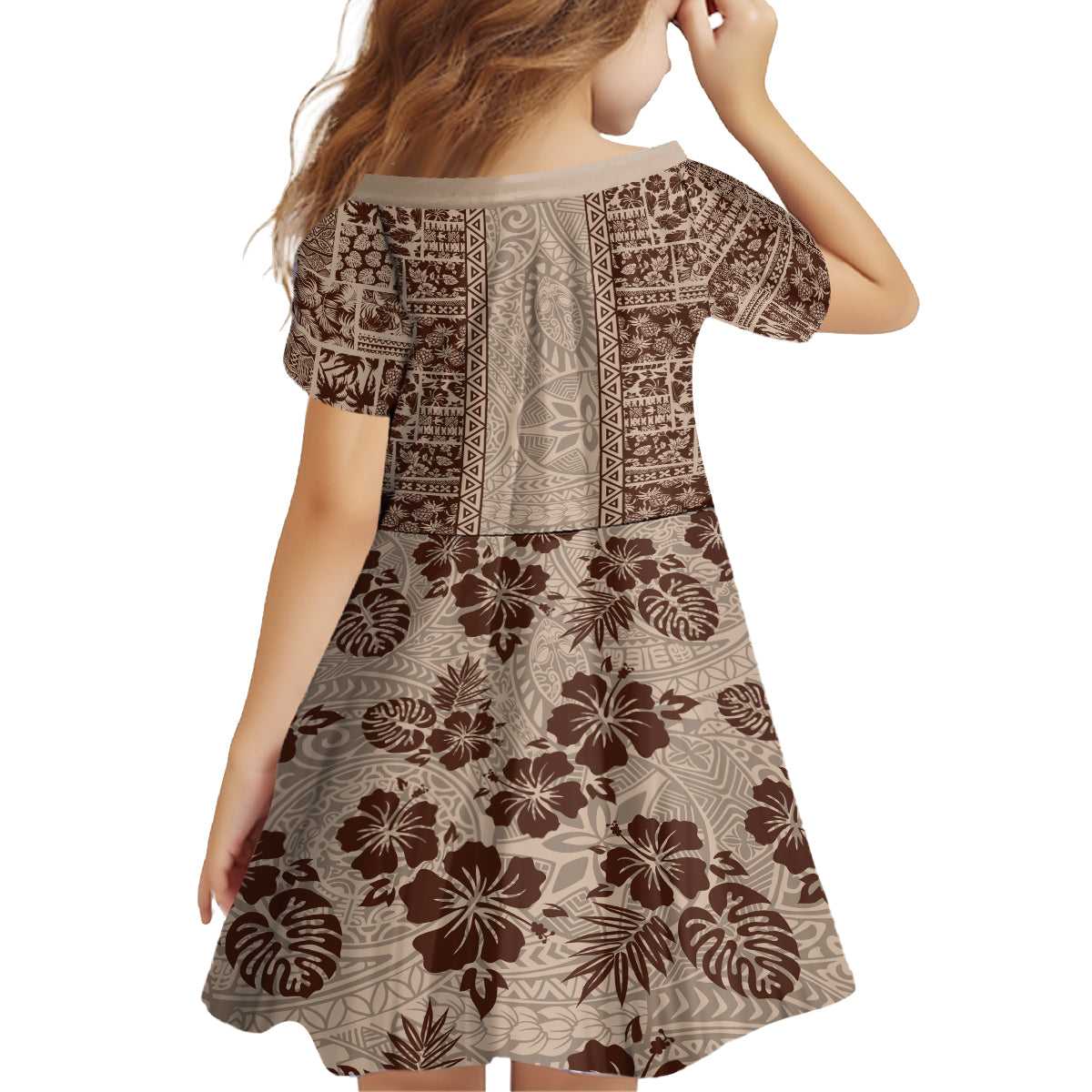 Hawaii Style Hibiscus and Tribal Element Fabric Patchwork Family Matching Off Shoulder Maxi Dress and Hawaiian Shirt Beige Version LT03 - Polynesian Pride