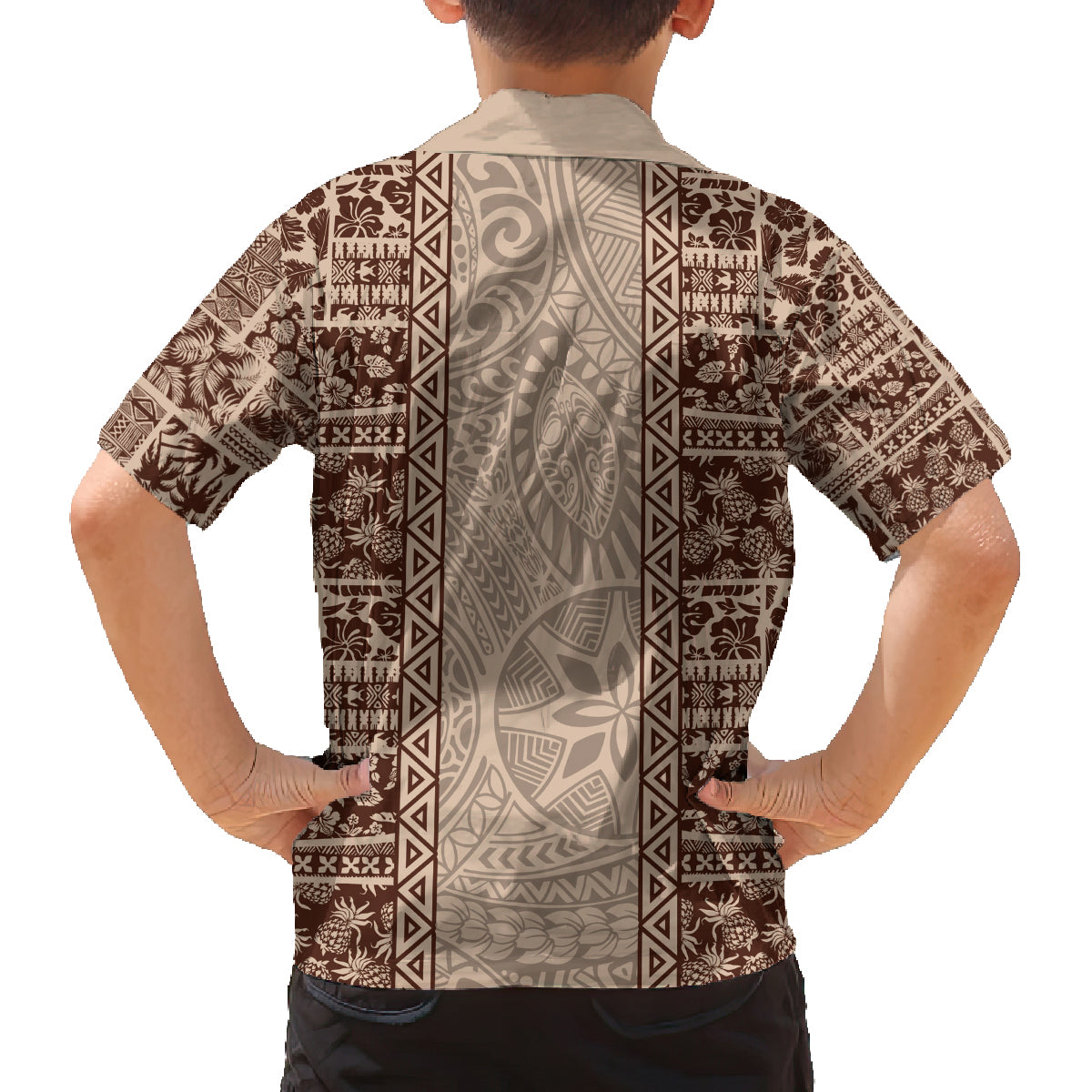 Hawaii Style Hibiscus and Tribal Element Fabric Patchwork Family Matching Off Shoulder Short Dress and Hawaiian Shirt Beige Version LT03 - Polynesian Pride