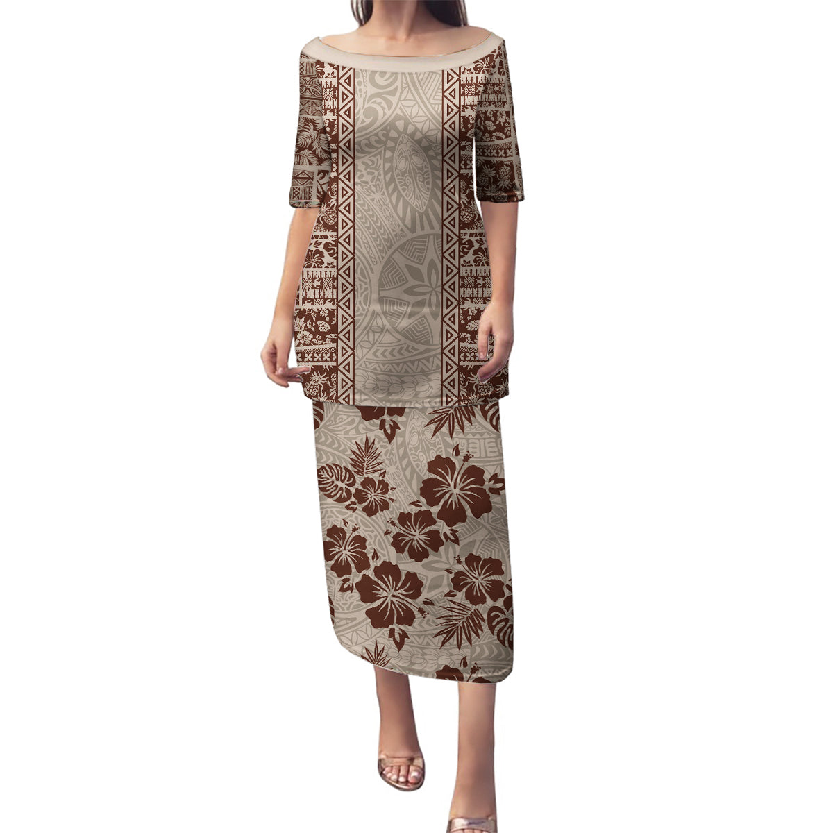 Hawaii Style Hibiscus and Tribal Element Fabric Patchwork Family Matching Puletasi Dress and Hawaiian Shirt Beige Version LT03 Mom's Dress Beige - Polynesian Pride