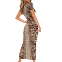 Hawaii Style Hibiscus and Tribal Element Fabric Patchwork Family Matching Short Sleeve Bodycon Dress and Hawaiian Shirt Beige Version LT03 - Polynesian Pride