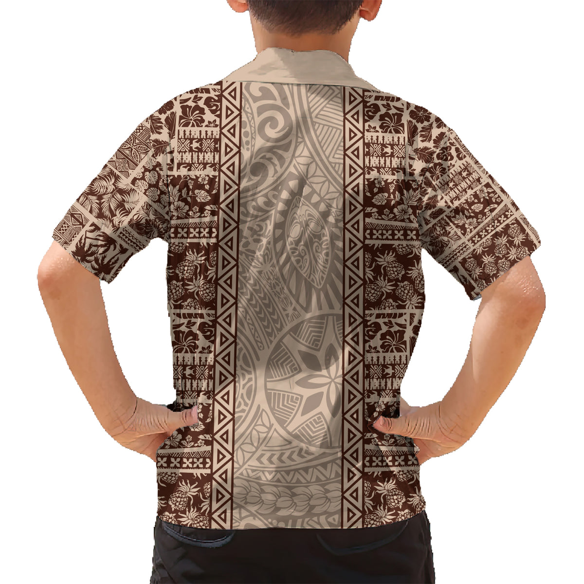 Hawaii Style Hibiscus and Tribal Element Fabric Patchwork Kid Hawaiian Shirt Beige Version LT03 - Polynesian Pride