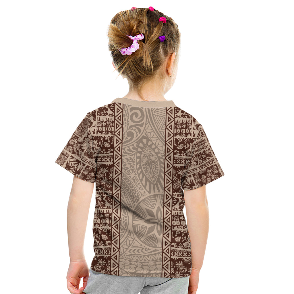 Hawaii Style Hibiscus and Tribal Element Fabric Patchwork Kid T Shirt Beige Version LT03 - Polynesian Pride