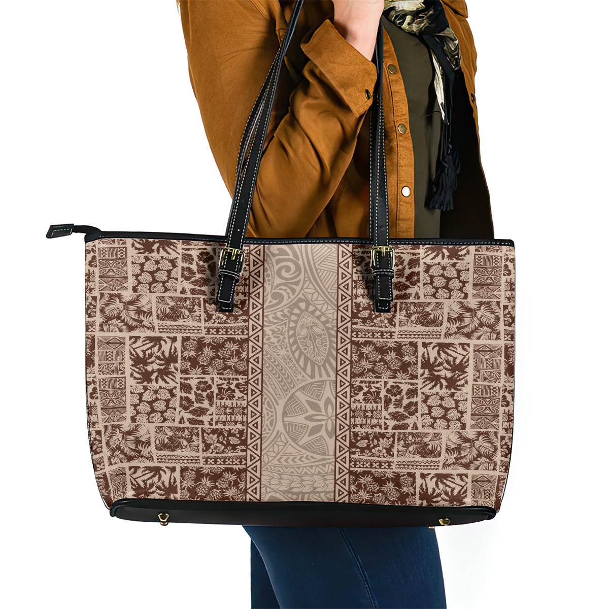 Hawaii Style Hibiscus and Tribal Element Fabric Patchwork Leather Tote Bag Beige Version LT03 - Polynesian Pride