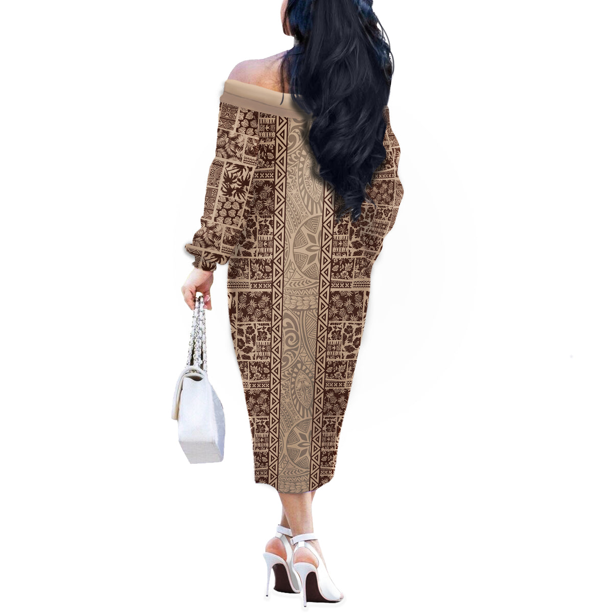 Hawaii Style Hibiscus and Tribal Element Fabric Patchwork Off The Shoulder Long Sleeve Dress Beige Version LT03 - Polynesian Pride
