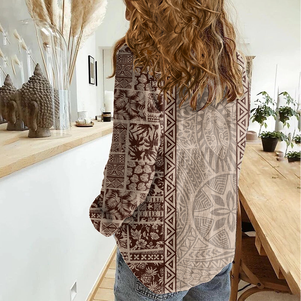 Hawaii Style Hibiscus and Tribal Element Fabric Patchwork Women Casual Shirt Beige Version LT03 - Polynesian Pride
