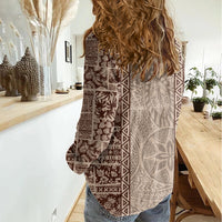 Hawaii Style Hibiscus and Tribal Element Fabric Patchwork Women Casual Shirt Beige Version LT03 - Polynesian Pride