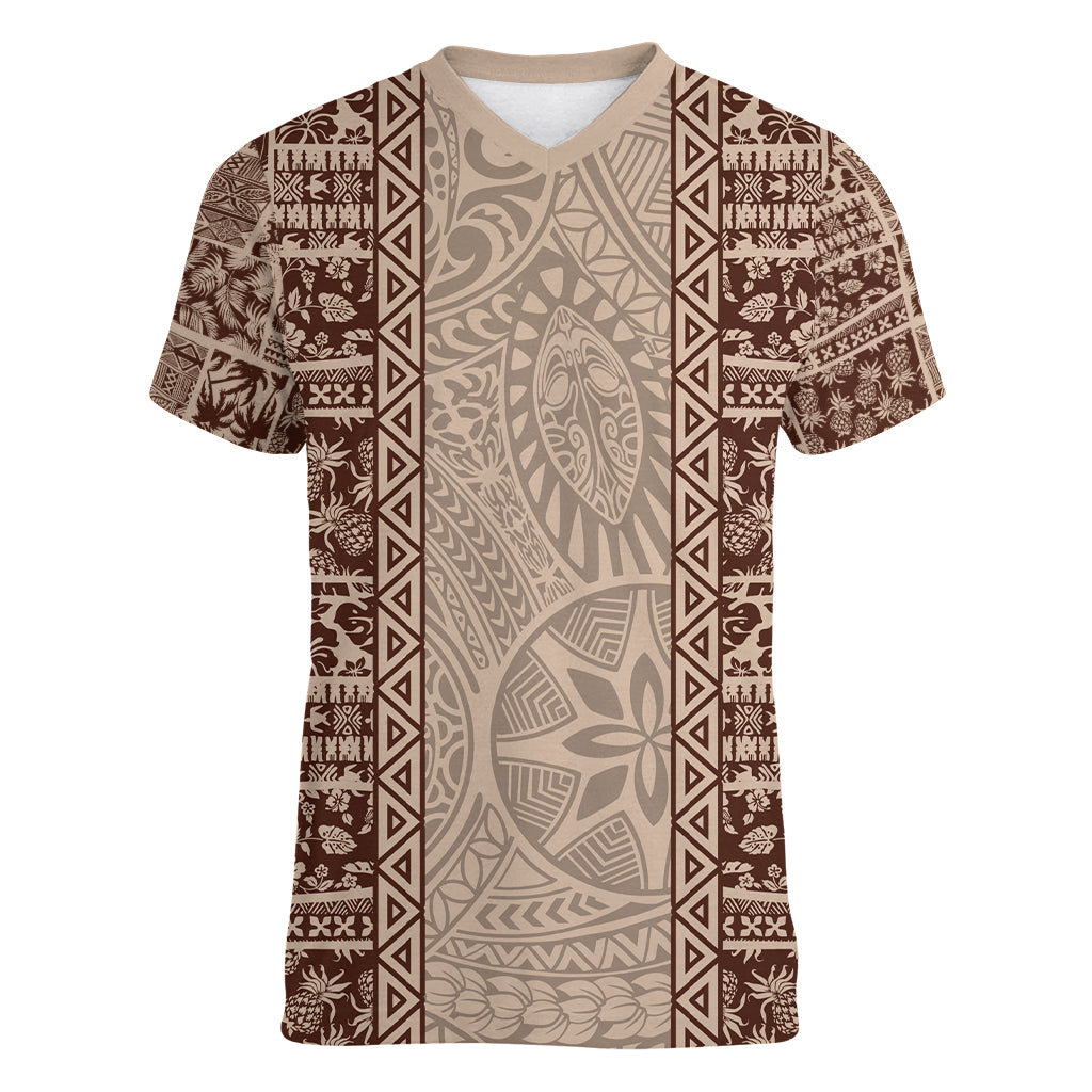 Hawaii Style Hibiscus and Tribal Element Fabric Patchwork Women V Neck T Shirt Beige Version LT03 Female Beige - Polynesian Pride
