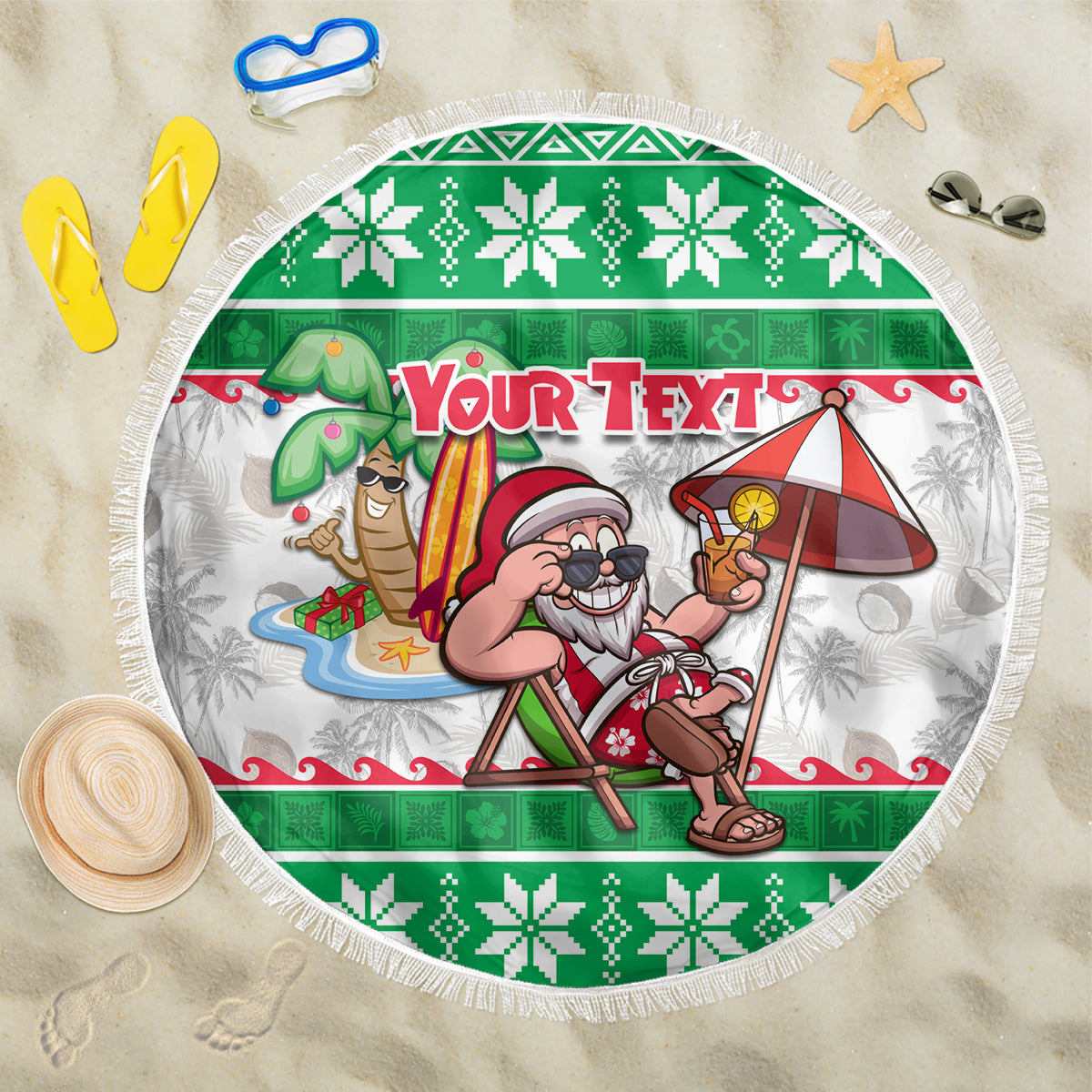 Custom Hawaii Mele Kalikimaka Beach Blanket Aloha Santa and Palm Tree Mix Kakau Pattern LT03 One Size 150cm Green - Polynesian Pride