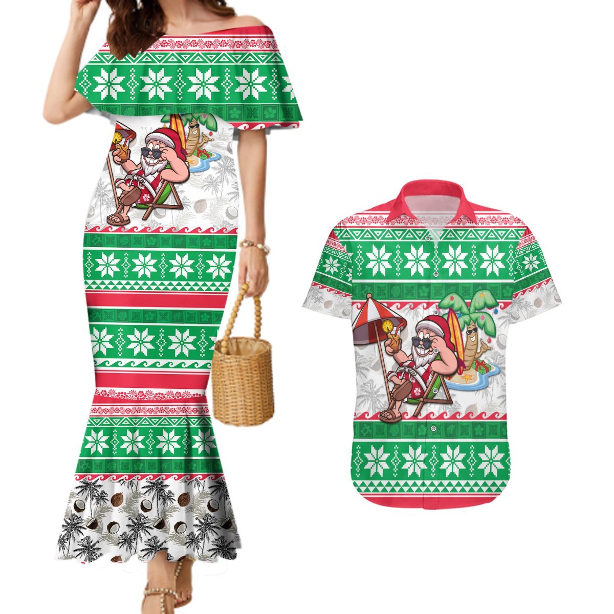 Custom Hawaii Mele Kalikimaka Couples Matching Mermaid Dress and Hawaiian Shirt Aloha Santa and Palm Tree Mix Kakau Pattern LT03 Green - Polynesian Pride