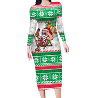 Custom Hawaii Mele Kalikimaka Family Matching Long Sleeve Bodycon Dress and Hawaiian Shirt Aloha Santa and Palm Tree Mix Kakau Pattern LT03 Mom's Dress Green - Polynesian Pride