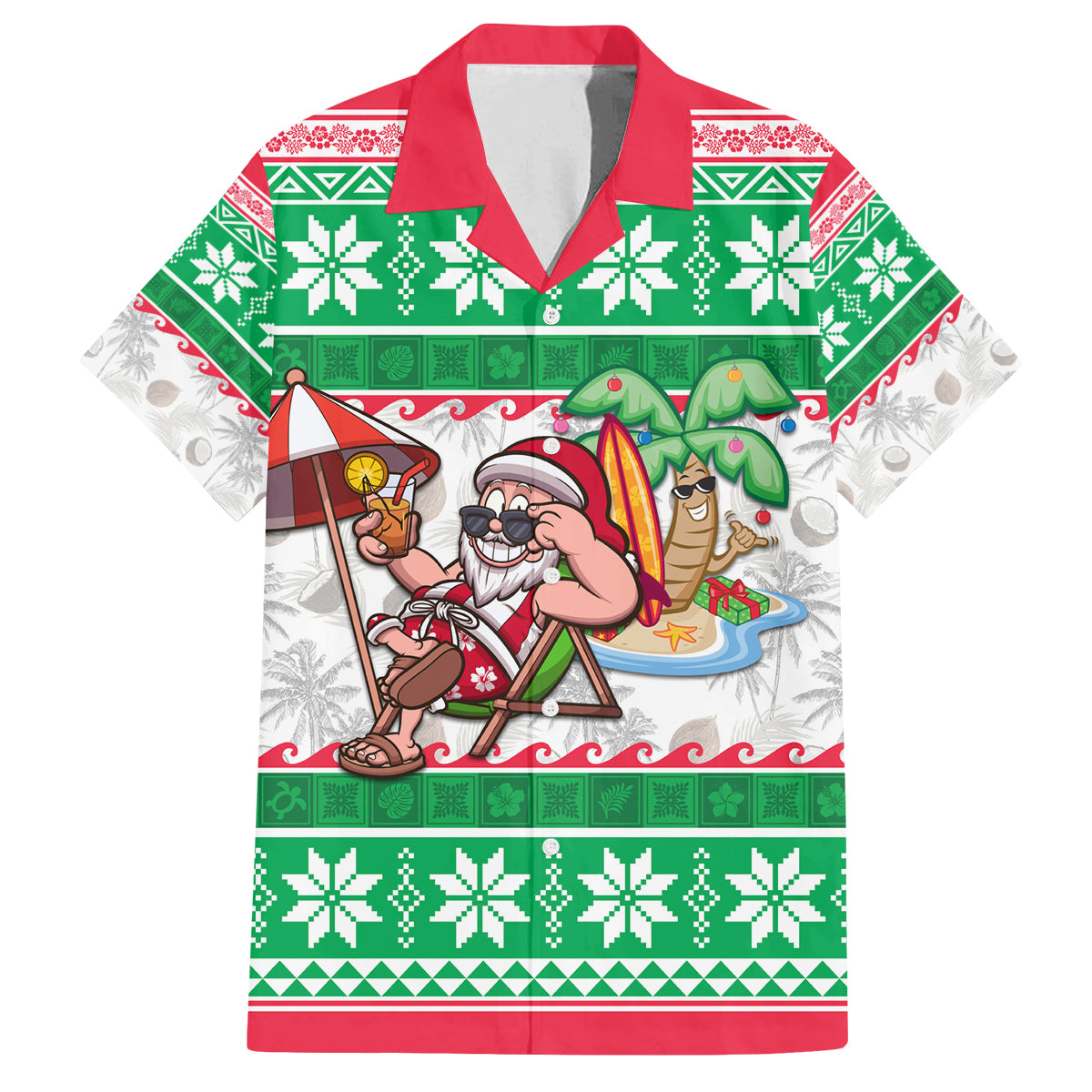 Custom Hawaii Mele Kalikimaka Family Matching Off Shoulder Short Dress and Hawaiian Shirt Aloha Santa and Palm Tree Mix Kakau Pattern LT03 Dad's Shirt - Short Sleeve Green - Polynesian Pride