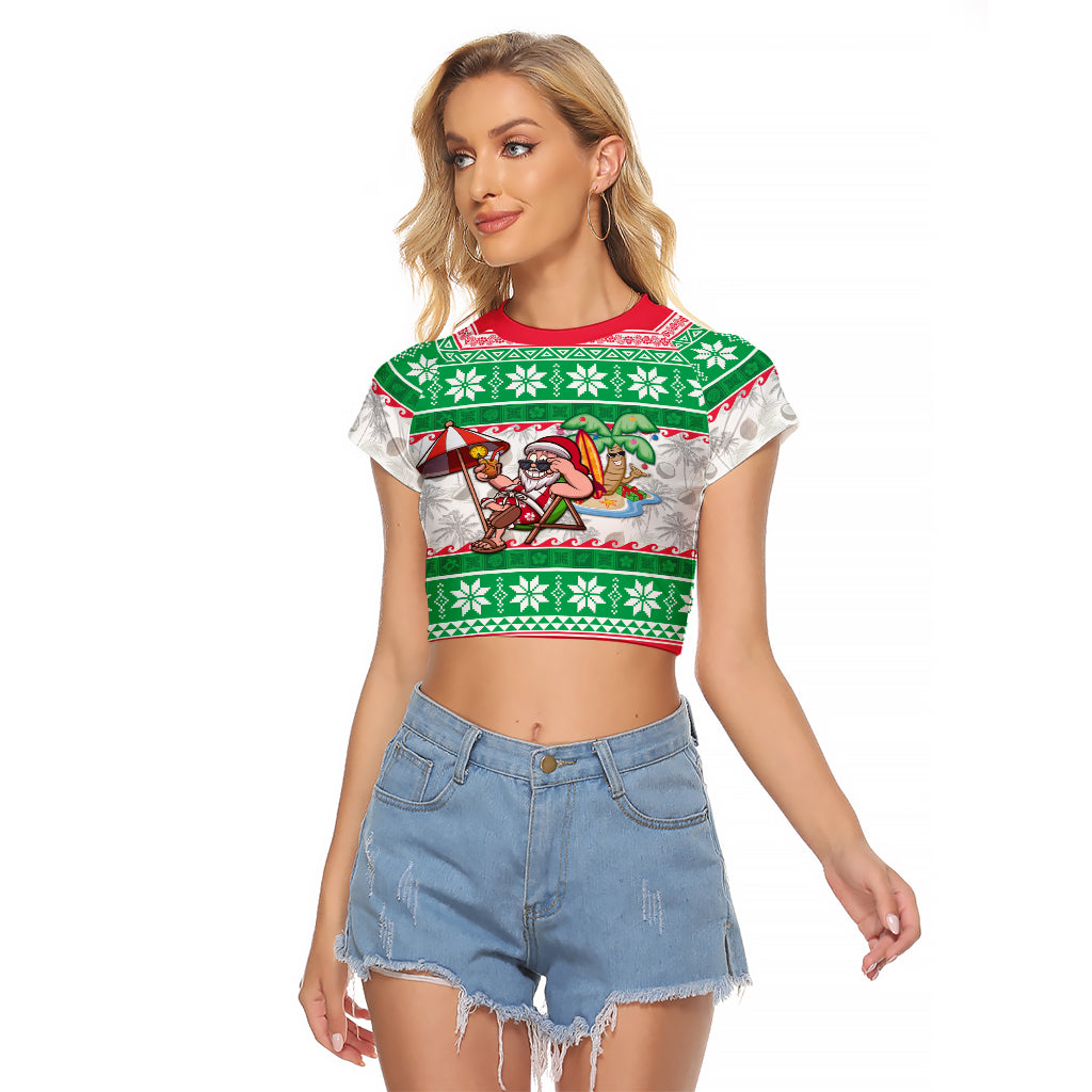 Custom Hawaii Mele Kalikimaka Raglan Cropped T Shirt Aloha Santa and Palm Tree Mix Kakau Pattern LT03 Female Green - Polynesian Pride