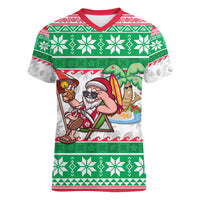 Custom Hawaii Mele Kalikimaka Women V Neck T Shirt Aloha Santa and Palm Tree Mix Kakau Pattern LT03 Female Green - Polynesian Pride