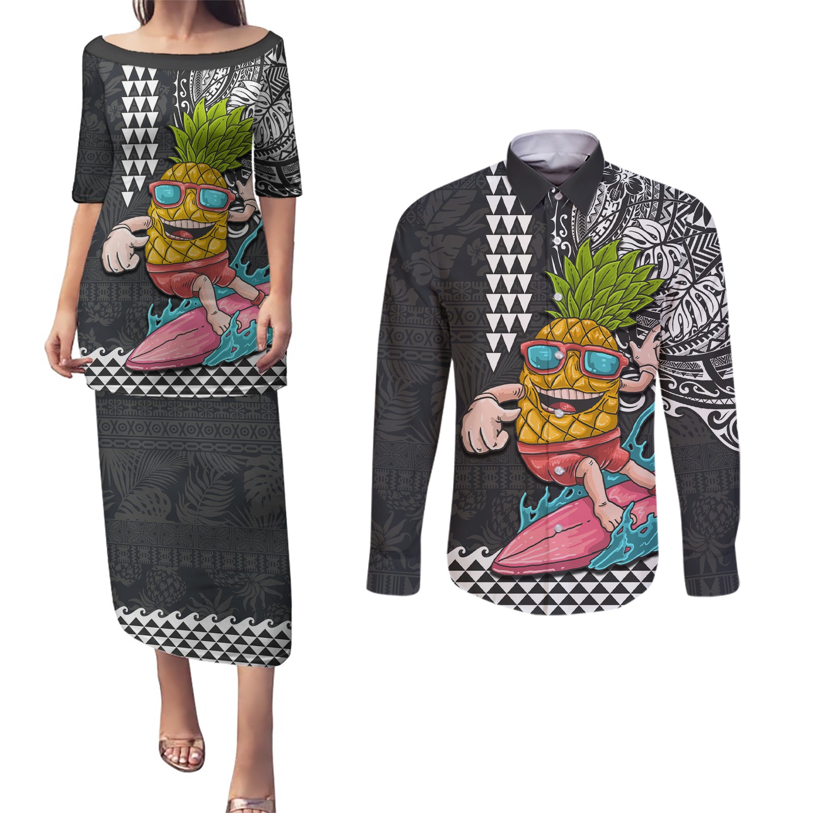 Hawaii Pineapple Surfing With Kakau Tribal Couples Matching Puletasi Dress and Long Sleeve Button Shirt LT03 Brown - Polynesian Pride