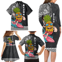 Hawaii Pineapple Surfing With Kakau Tribal Family Matching Long Sleeve Bodycon Dress and Hawaiian Shirt LT03 - Polynesian Pride