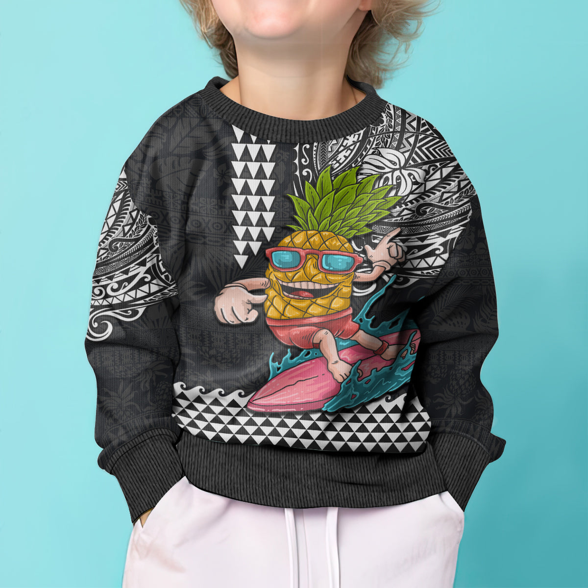 Hawaii Pineapple Surfing With Kakau Tribal Kid Ugly Christmas Sweater LT03 - Polynesian Pride