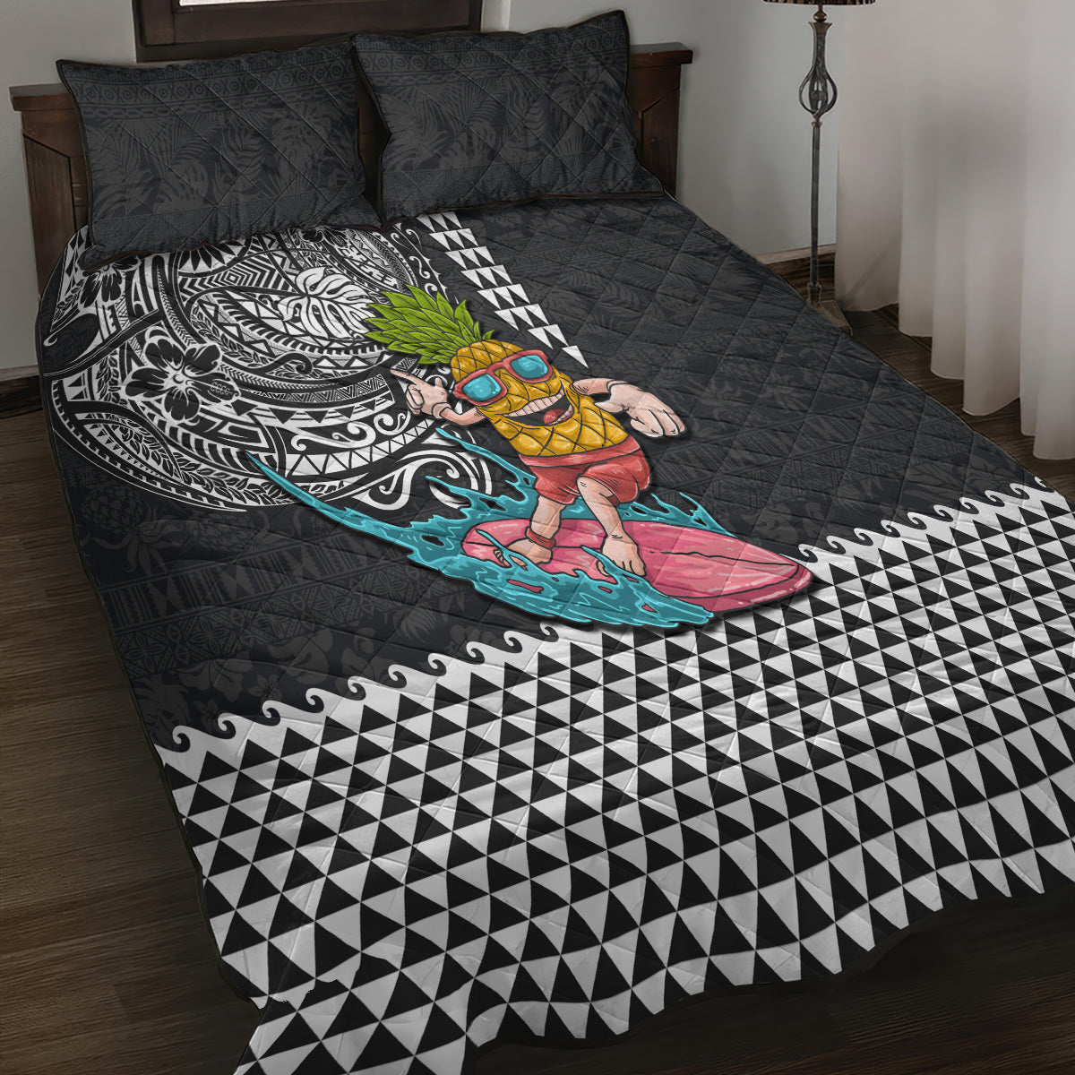 Hawaii Pineapple Surfing With Kakau Tribal Quilt Bed Set LT03 - Polynesian Pride