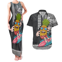 Hawaii Pineapple Surfing Kakau Tribal Personalised Couples Matching Tank Maxi Dress and Hawaiian Shirt LT03 Brown - Polynesian Pride