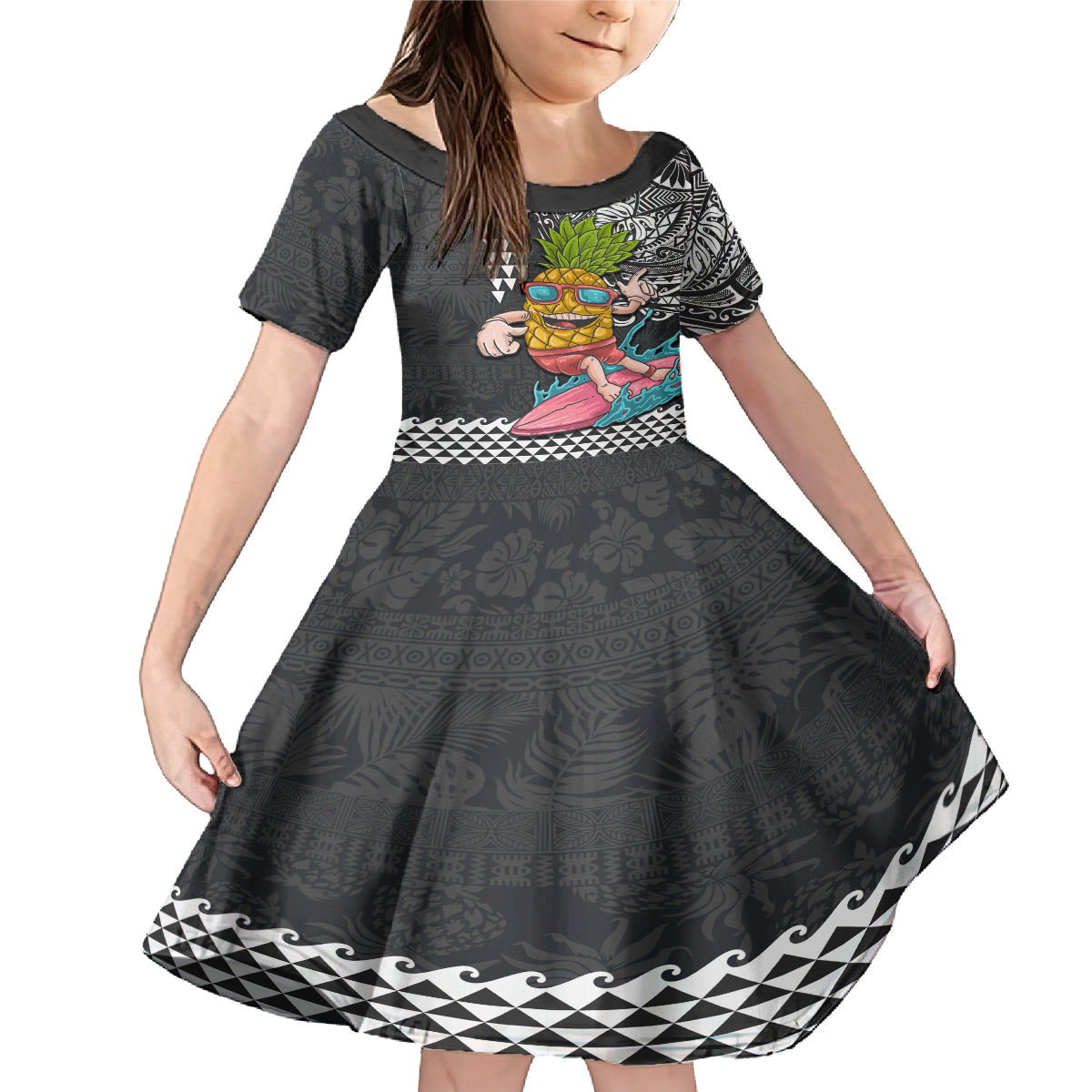 Hawaii Pineapple Surfing Kakau Tribal Personalised Family Matching Mermaid Dress and Hawaiian Shirt LT03 Daughter's Dress Brown - Polynesian Pride