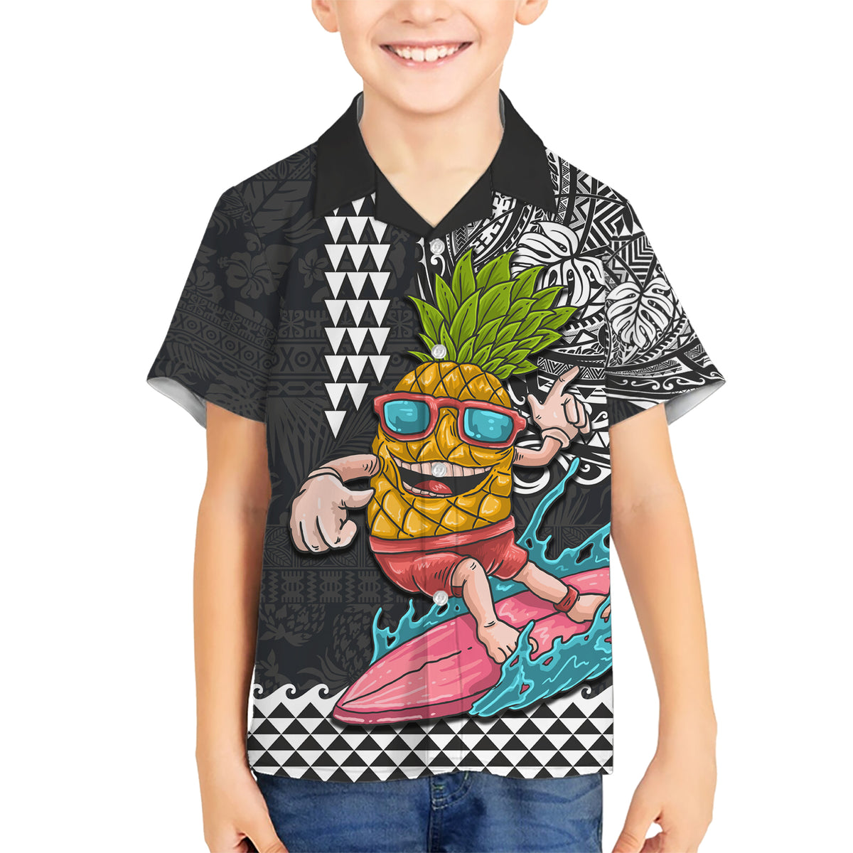 Hawaii Pineapple Surfing Kakau Tribal Personalised Kid Hawaiian Shirt LT03 Kid Brown - Polynesian Pride