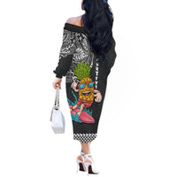 Hawaii Pineapple Surfing Kakau Tribal Personalised Off The Shoulder Long Sleeve Dress LT03 - Polynesian Pride