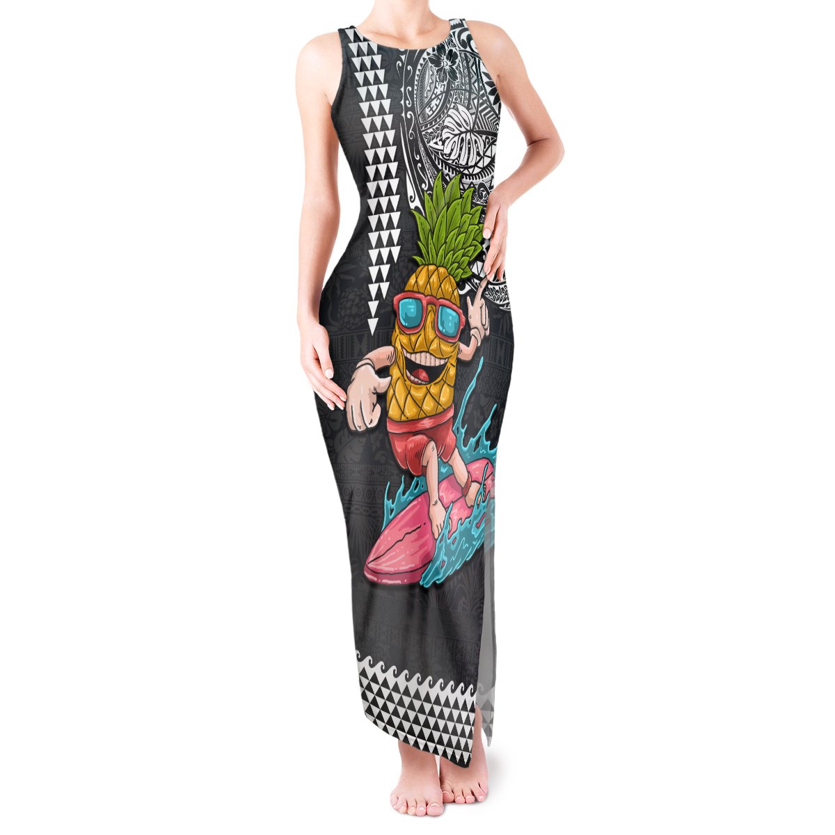 Hawaii Pineapple Surfing Kakau Tribal Personalised Tank Maxi Dress LT03 Women Brown - Polynesian Pride