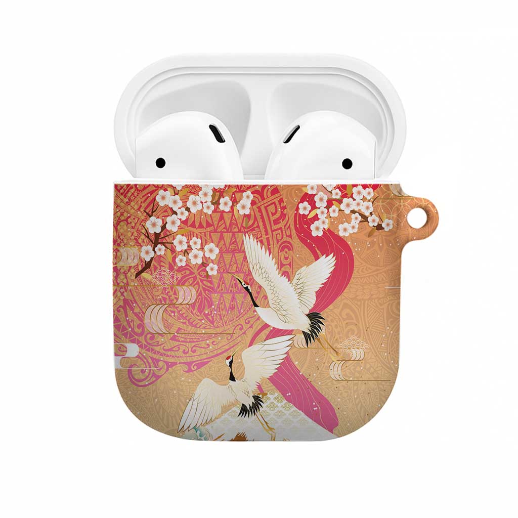 Hawaiian and Japanese Culture Together AirPods Case Kakau Art Tattoo with Cranes and Sakura Spring Vibe - Polynesian Pride