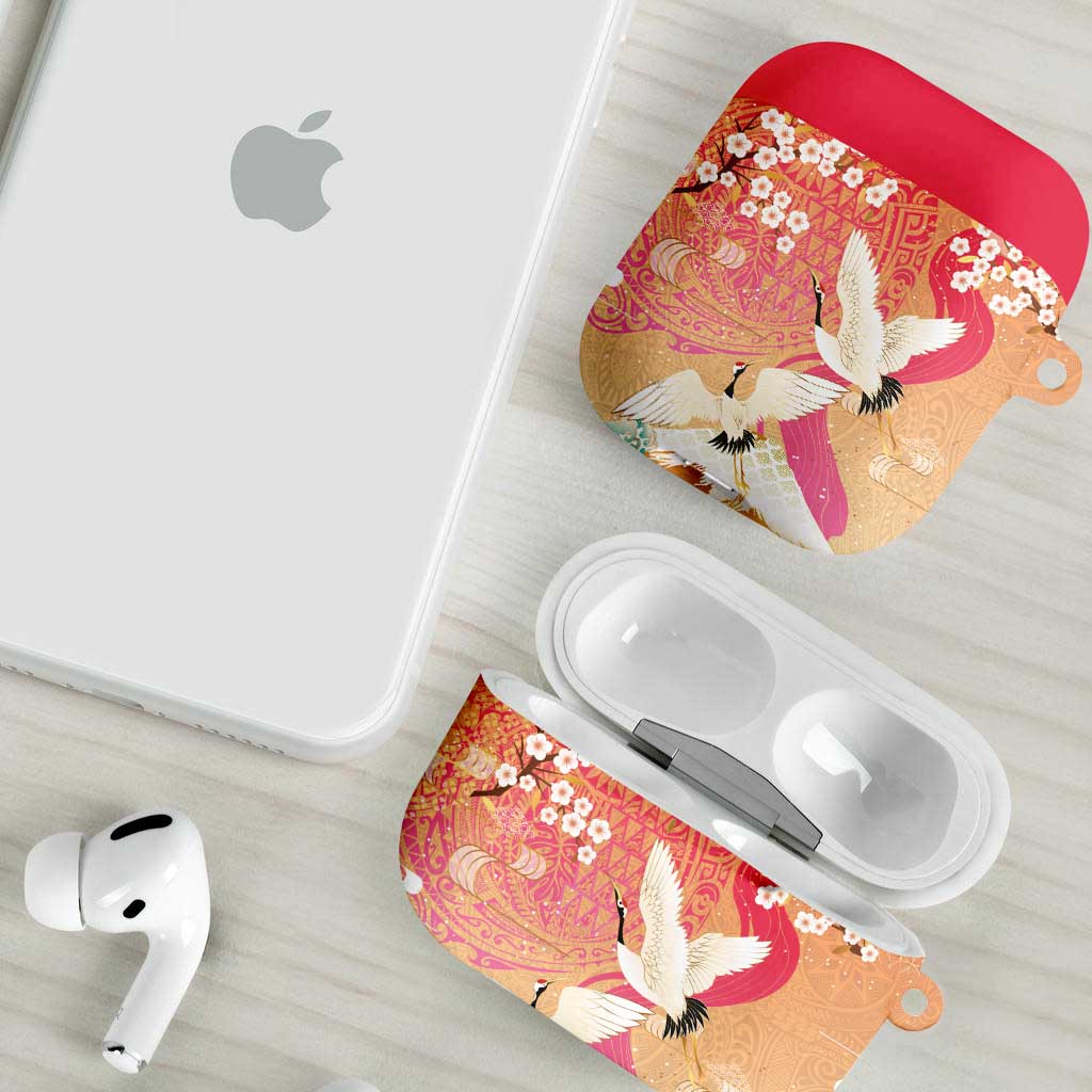 Hawaiian and Japanese Culture Together AirPods Case Kakau Art Tattoo with Cranes and Sakura Spring Vibe LT03 - Polynesian Pride