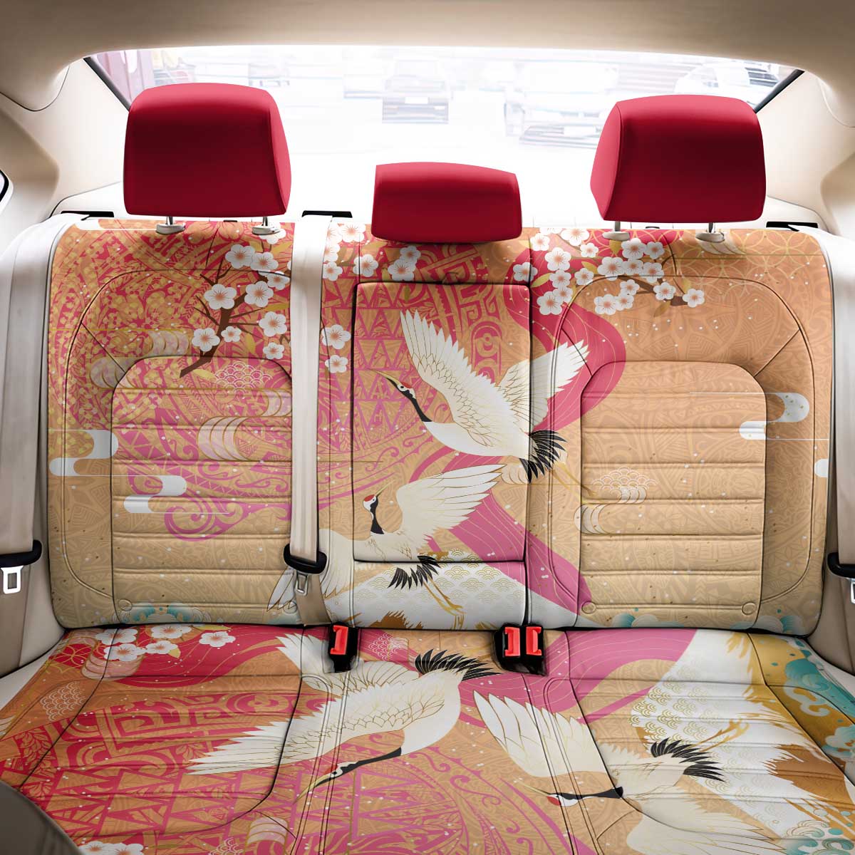 Hawaiian and Japanese Culture Together Back Car Seat Cover Kakau Art Tattoo with Cranes and Sakura Spring Vibe LT03 - Polynesian Pride