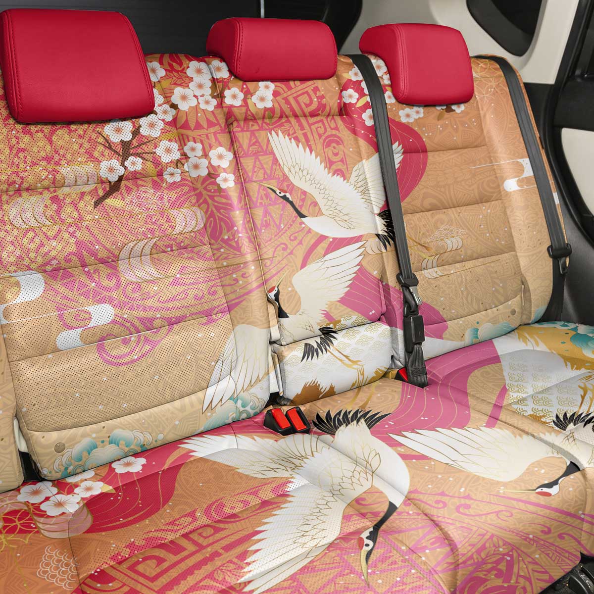 Hawaiian and Japanese Culture Together Back Car Seat Cover Kakau Art Tattoo with Cranes and Sakura Spring Vibe LT03 - Polynesian Pride