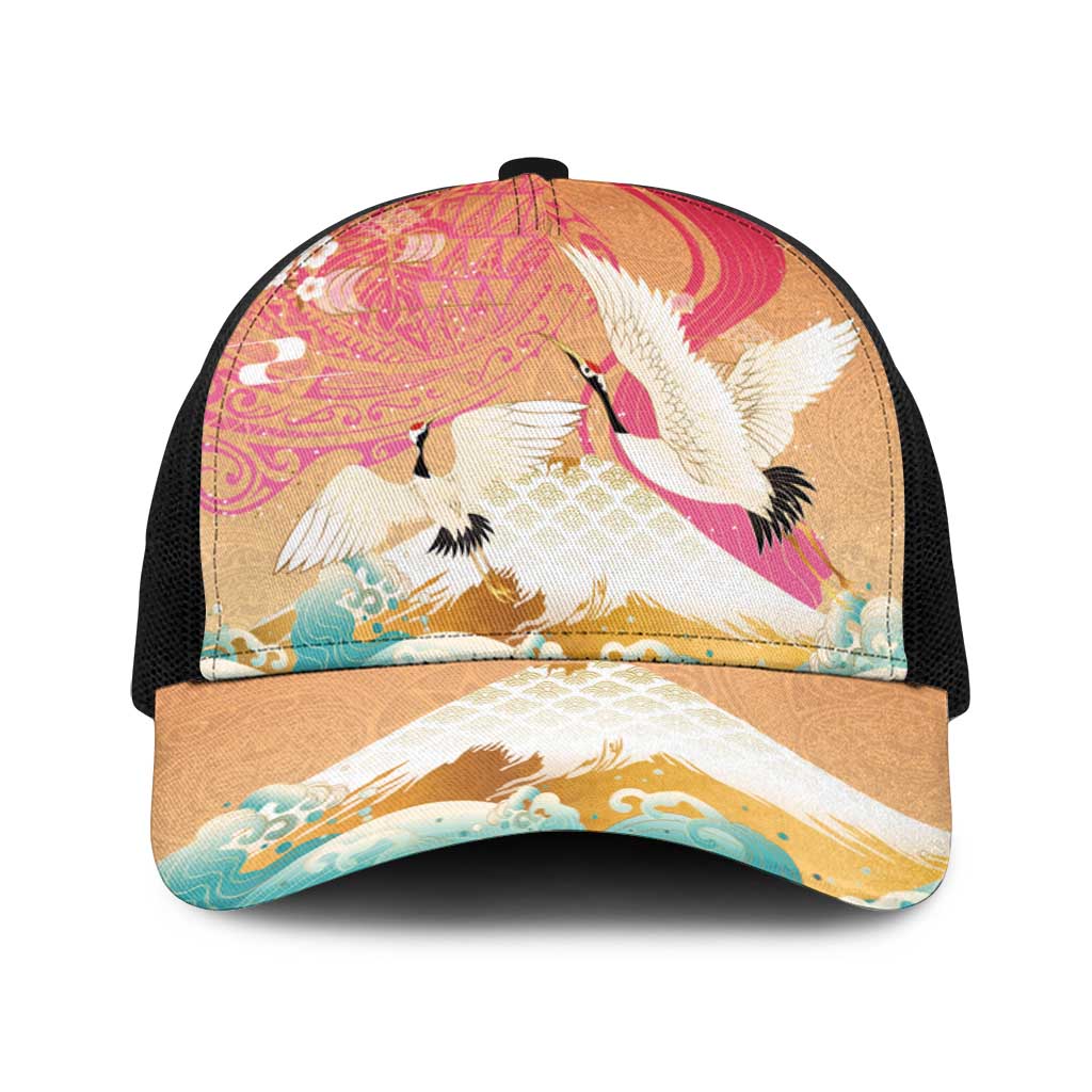 Hawaiian and Japanese Culture Together Baseball Net Cap Kakau Art Tattoo with Cranes and Sakura Spring Vibe - Polynesian Pride