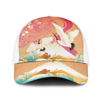 Hawaiian and Japanese Culture Together Baseball Net Cap Kakau Art Tattoo with Cranes and Sakura Spring Vibe - Polynesian Pride