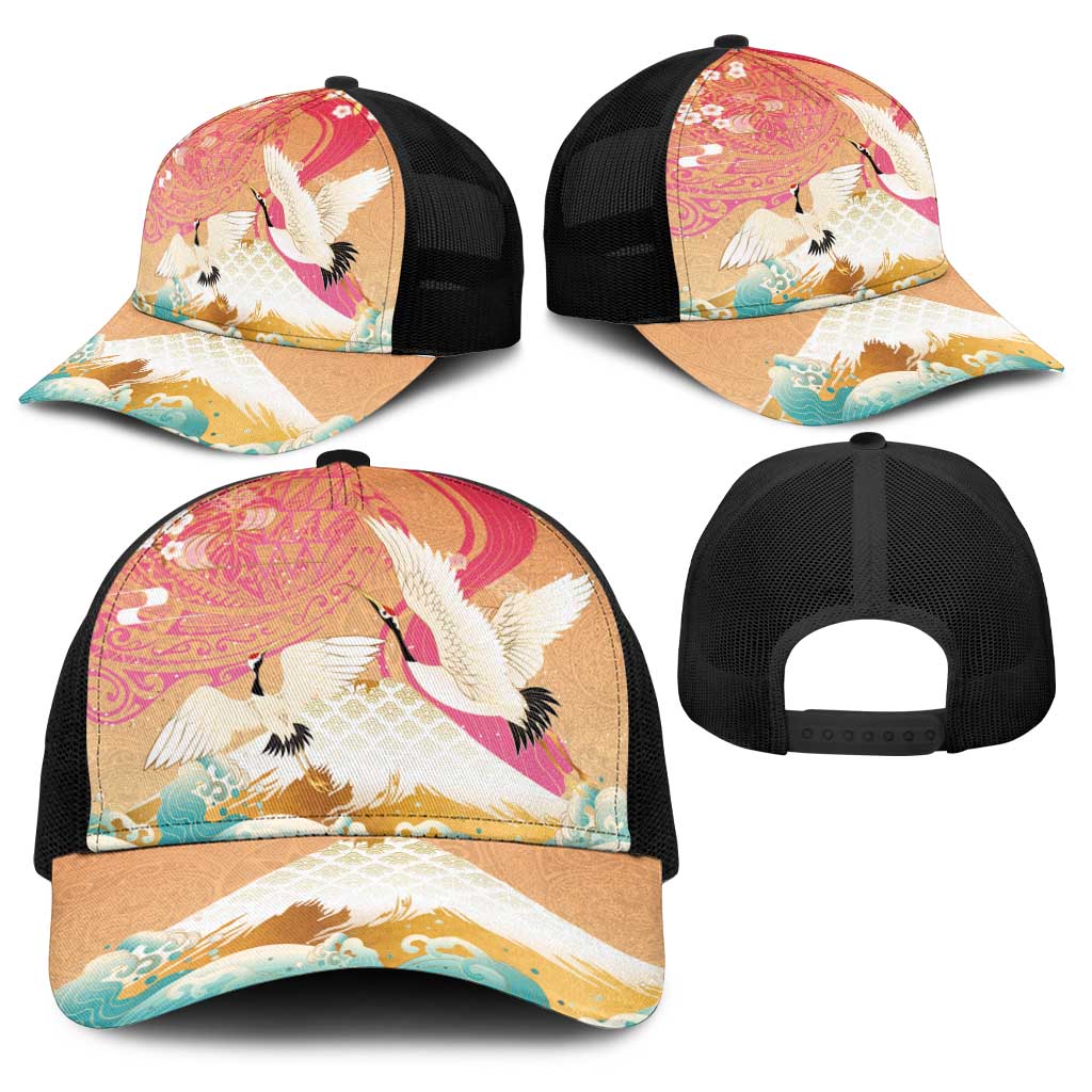 Hawaiian and Japanese Culture Together Baseball Net Cap Kakau Art Tattoo with Cranes and Sakura Spring Vibe - Polynesian Pride