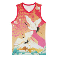 Hawaiian and Japanese Culture Together Basketball Jersey Kakau Art Tattoo with Cranes and Sakura Spring Vibe LT03 Unisex Multicolor - Polynesian Pride