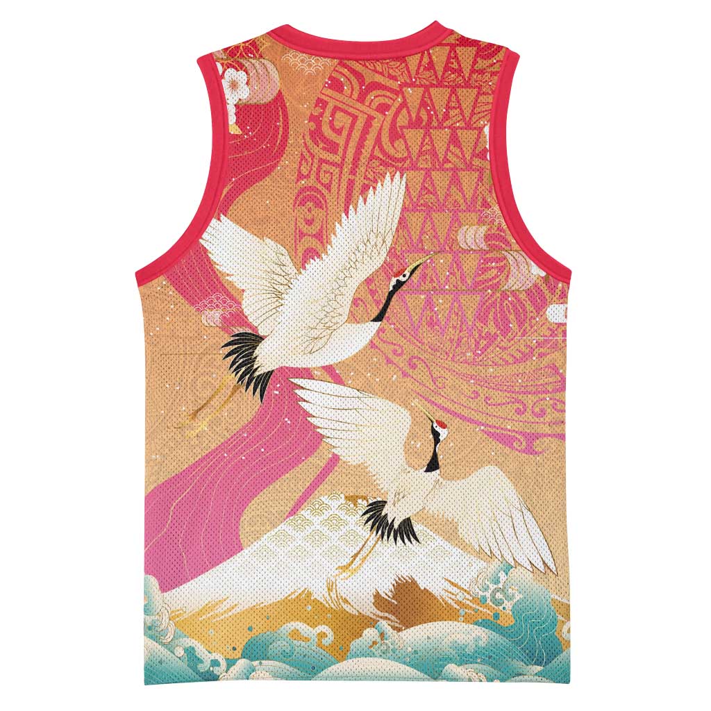 Hawaiian and Japanese Culture Together Basketball Jersey Kakau Art Tattoo with Cranes and Sakura Spring Vibe LT03 - Polynesian Pride