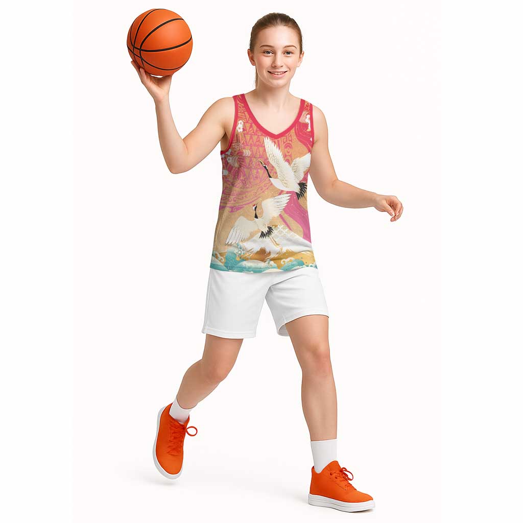 Hawaiian and Japanese Culture Together Basketball Jersey Kakau Art Tattoo with Cranes and Sakura Spring Vibe LT03 - Polynesian Pride