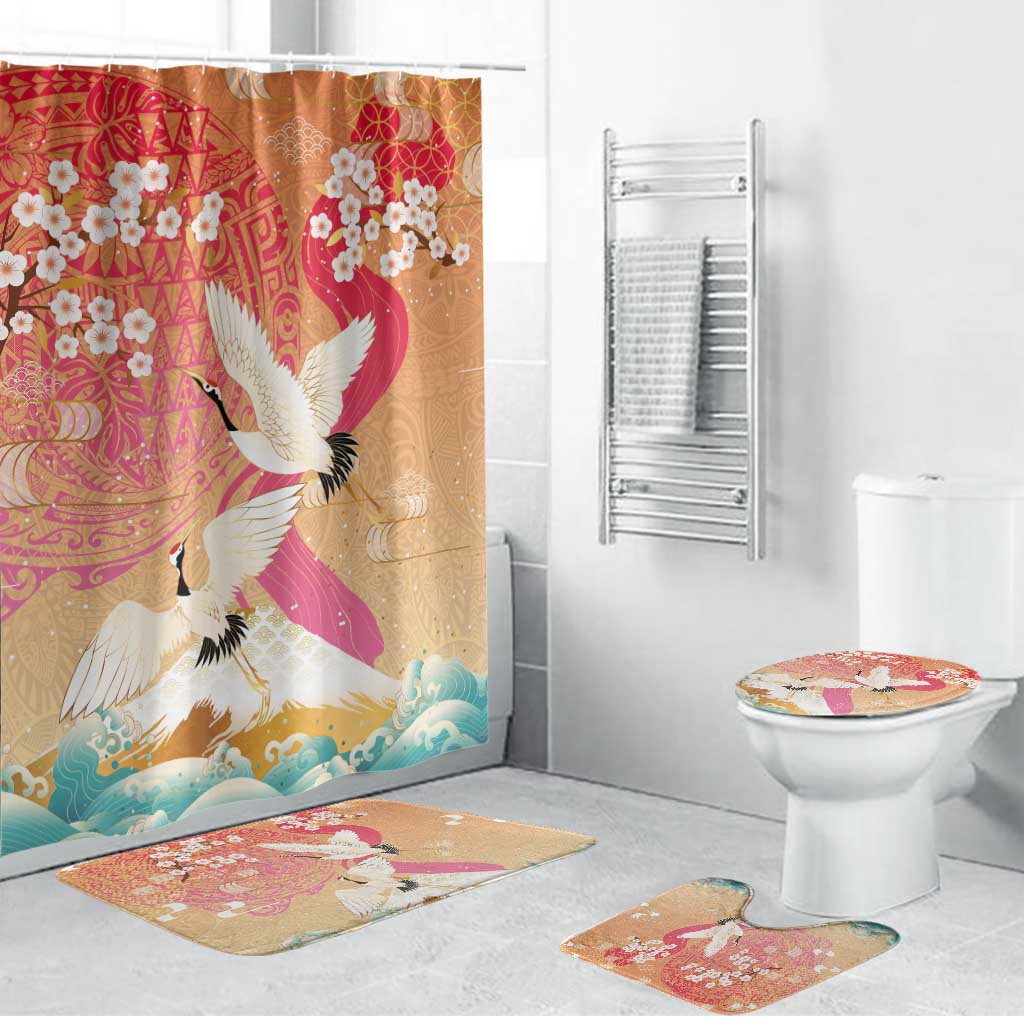 Hawaiian and Japanese Culture Together Bathroom Set Kakau Art Tattoo with Cranes and Sakura Spring Vibe LT03 Bathroom Set (4 pcs) Multicolor - Polynesian Pride