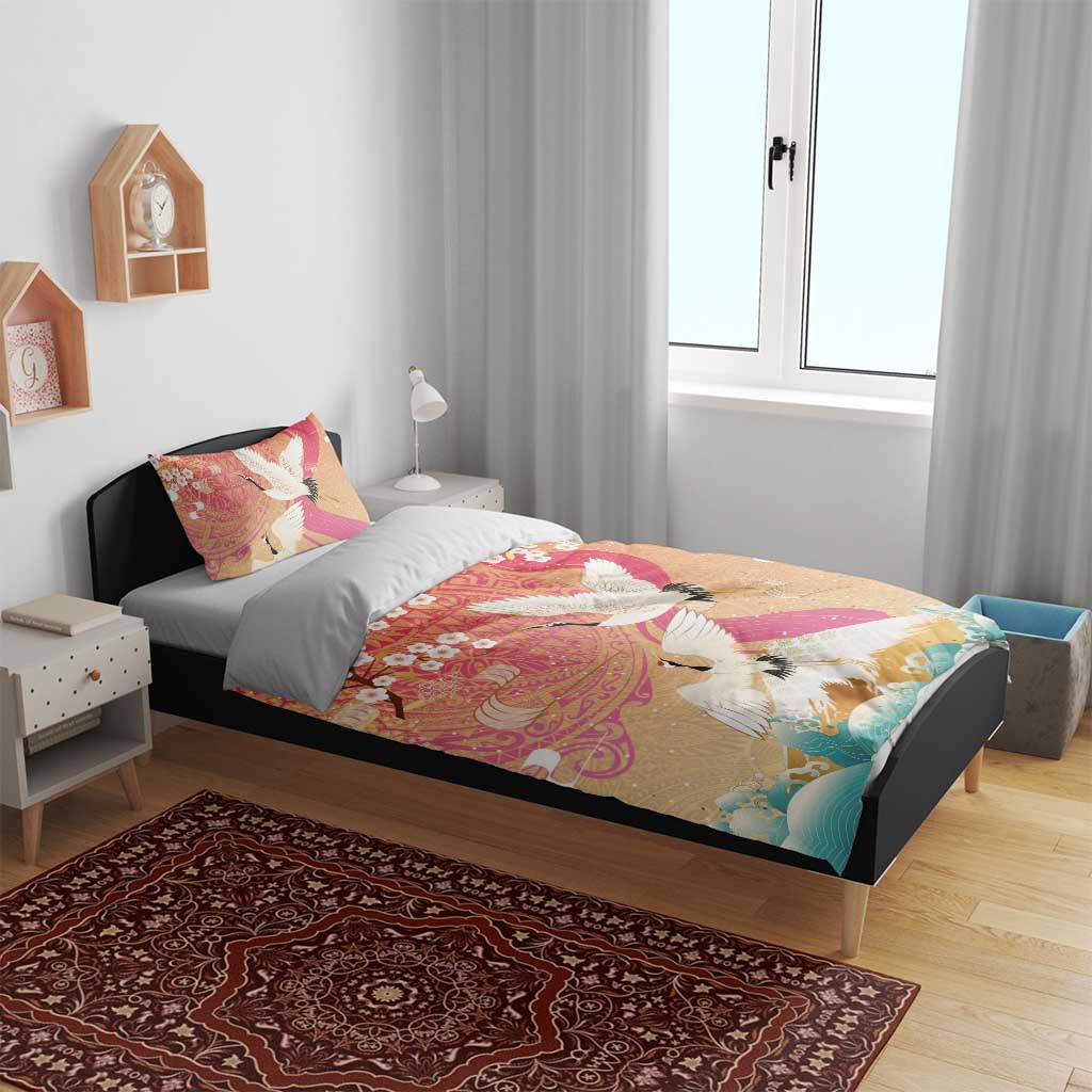 Hawaiian and Japanese Culture Together Bedding Set Kakau Art Tattoo with Cranes and Sakura Spring Vibe - Polynesian Pride